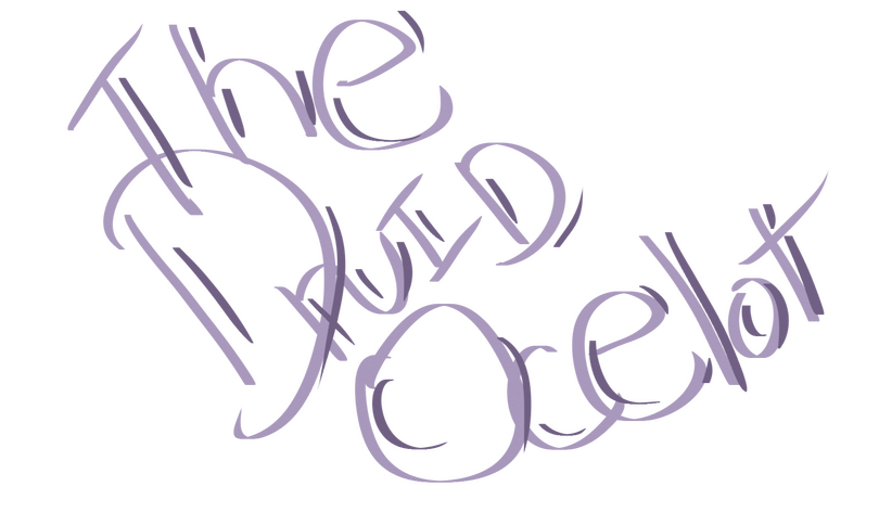 mirrored blue and purple mountains with day and night skies, with the words Druid Ocelot, disabled jeweler, he/him